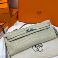 KELLY CUT 31 IN PEARL GRAY ALLIGATOR LEATHER WITH SILVER HARDWARE