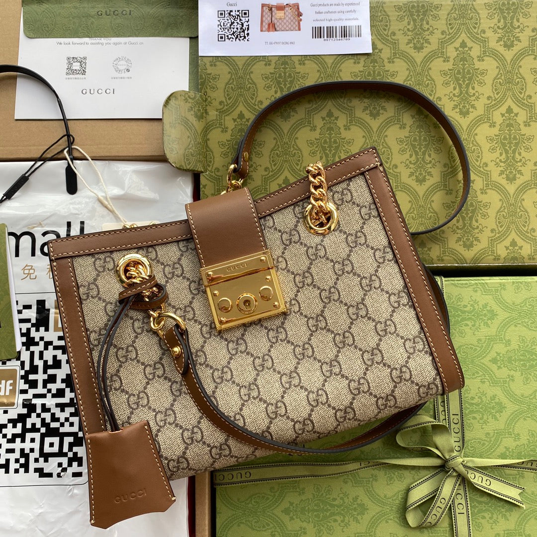 GG PADLOCK MEDIUM 26 SHOULDER BAG BEIGE CANVAS AND BROWN CALFSKIN
