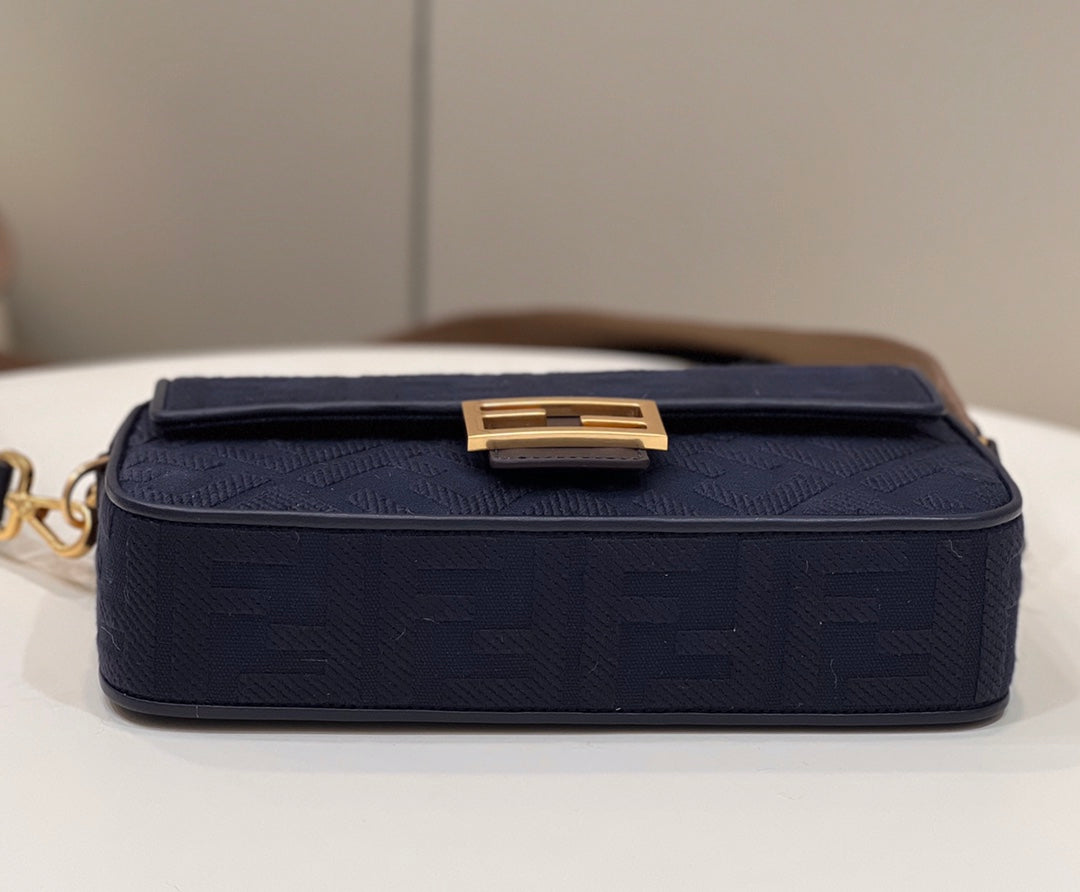 BAGUETTE WITH FF MOTIF 27 IN NAVY BLUE JACQUARD FABRIC GOLD HARDWARE