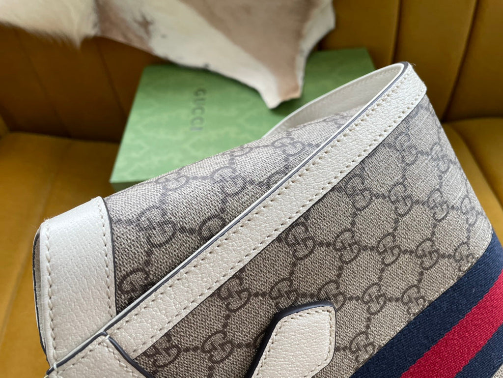GG OPHIDIA 24 TOTE IN BEIGE CANVAS AND WHITE CALFSKIN