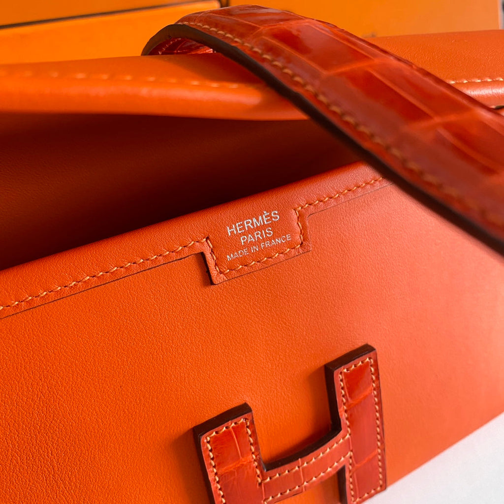 JIGE ELAN 29 CLUTCH IN BRIGHT ORANGE CALFSKIN WITH LIZARD SKIN