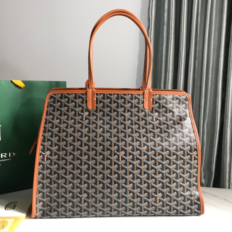 HARDY PM BAG 40 IN BLACK GOYARDINE CANVAS AND TAN TAURILLON LEATHER TRIM