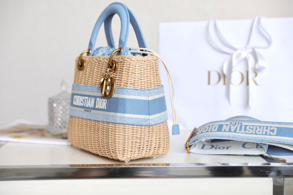 LADY 24 BASKET BAG IN BLUE OBLIQUE JACQUARD MIX BEIGE WICKER