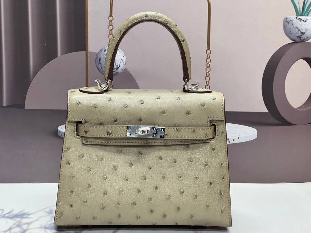 KELLY BAG 20 IN KHAKI TAN OSTRICH LEATHER WITH SILVER HARDWARE