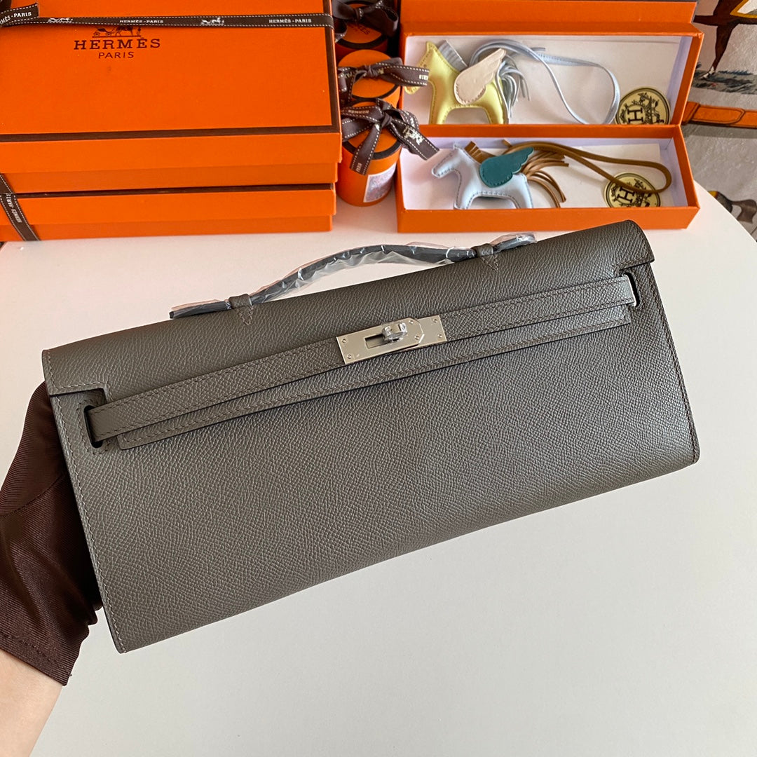 KELLY CUT 31 IN WOOD BROWN CALFSKIN WITH SILVER HARDWARE