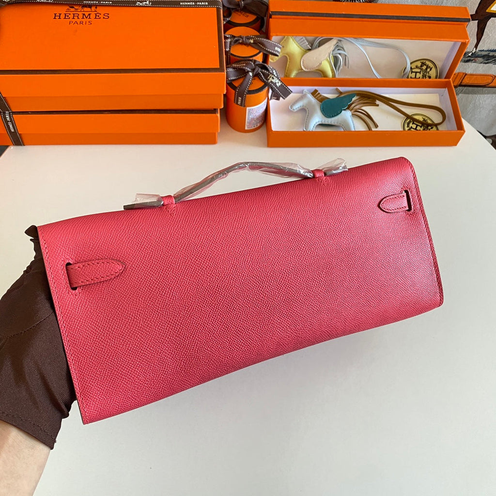 KELLY CUT 31 IN WATERMELON PINK CALFSKIN WITH SILVER HARDWARE