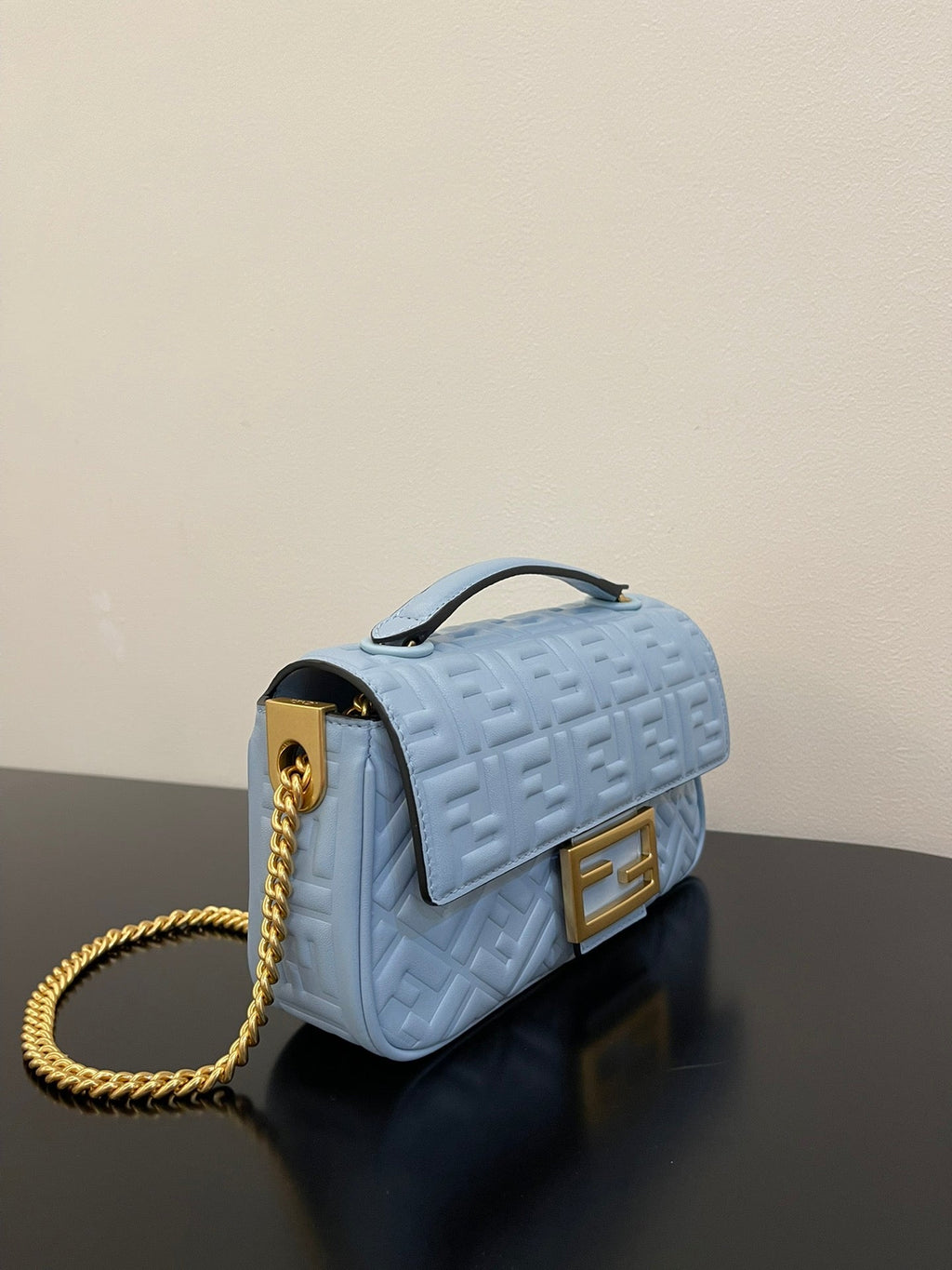 Fend Baguette 24 Bag With FF Motif Baby Blue Leather Ghw