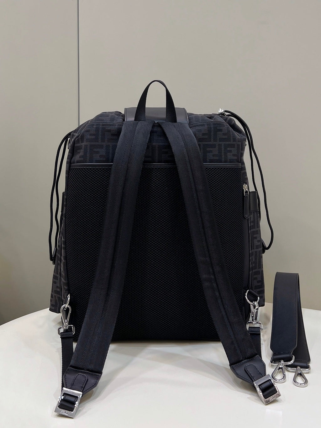 FENDI STRIKE LARGE 46 FF BLACK JACQUARD FABRIC BACKPACK
