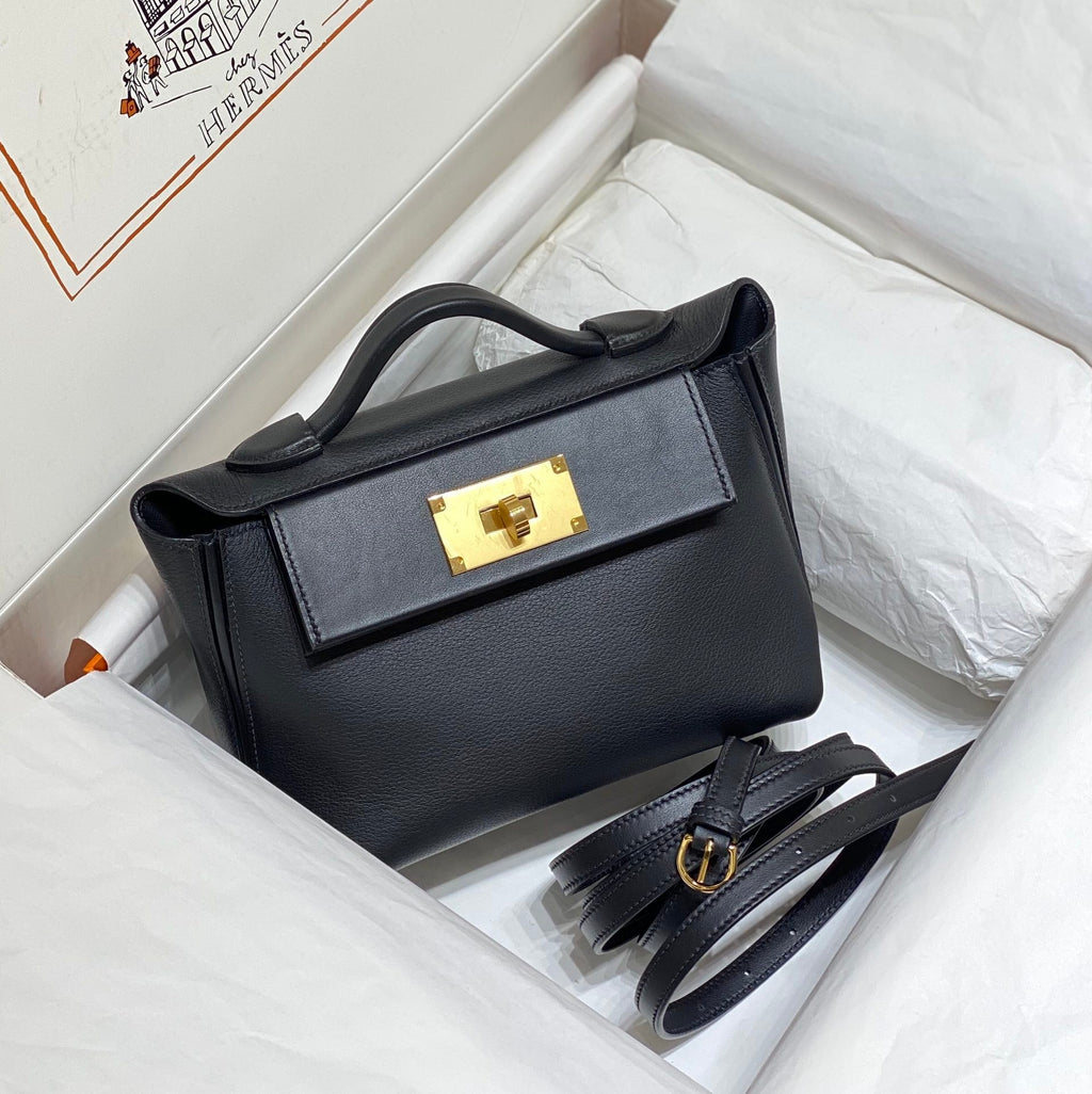 MINI 24/24 21CM IN BLACK EVERCOLOR CALFSKIN GOLD KELLY BUCKLE