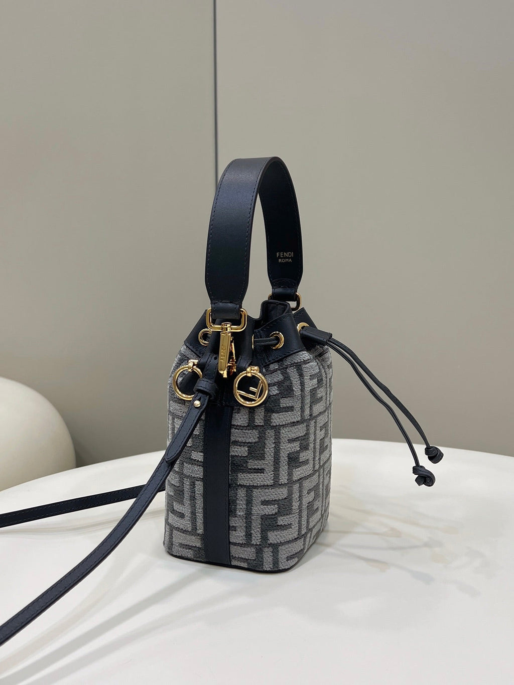 MON TRESOR MINI 18 BAG IN BLACK MIX GREY FF FABRIC WITH GOLD HARDWARE