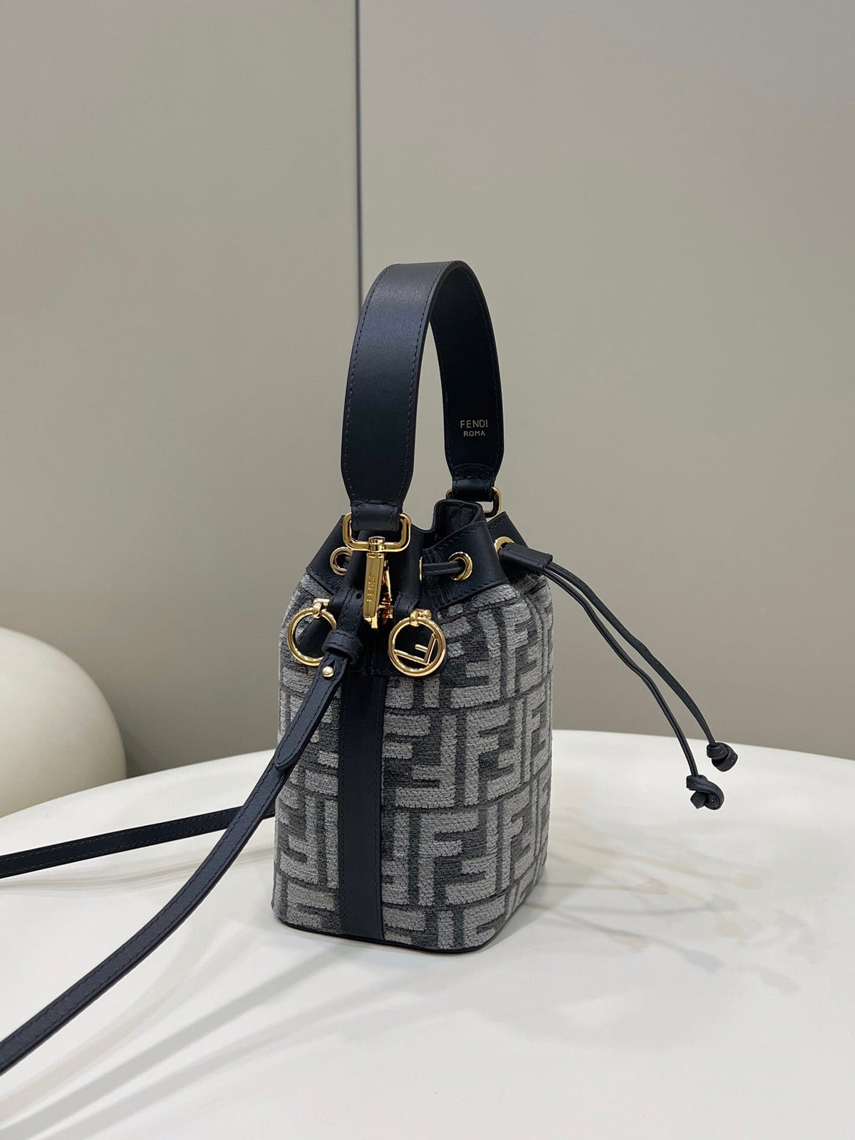 MON TRESOR MINI 18 BAG IN BLACK MIX GREY FF FABRIC WITH GOLD HARDWARE