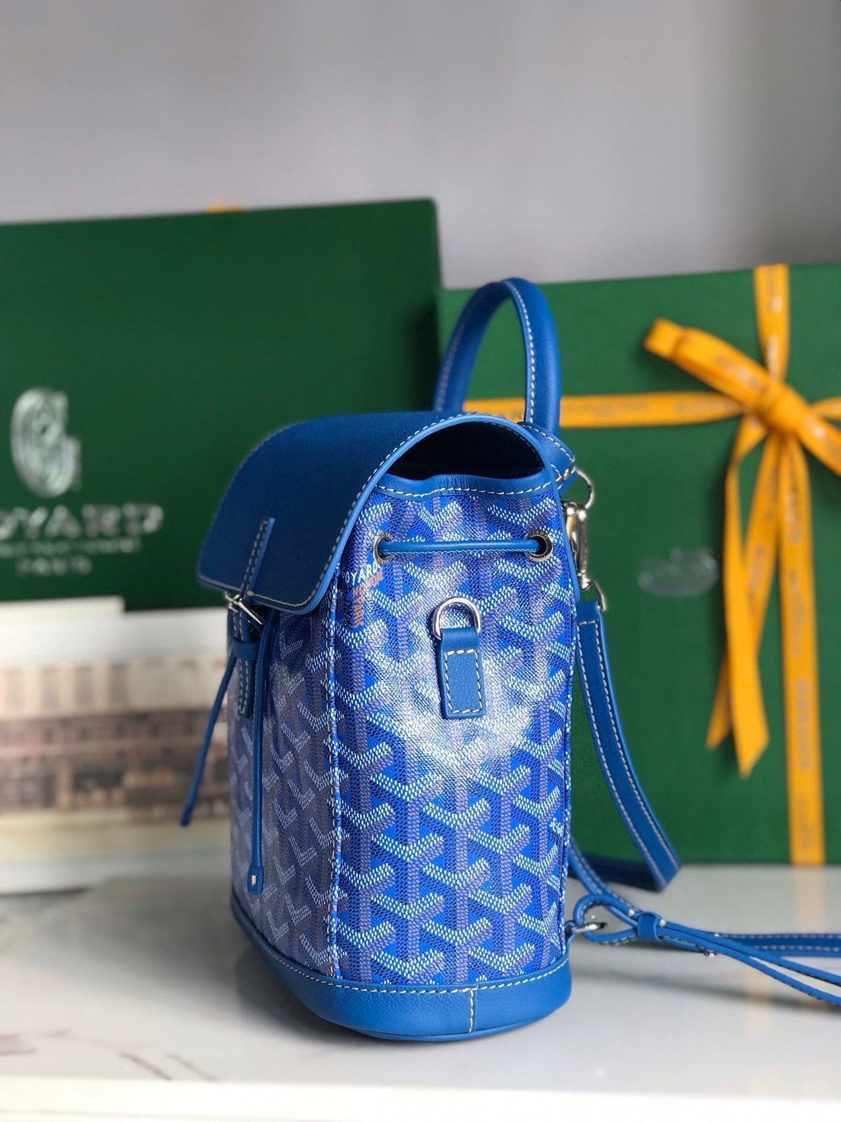 ALPIN MINI BACKPACK 21 IN SAPPHIRE BLUE LAMBSKIN AND GOYARDINE CANVAS