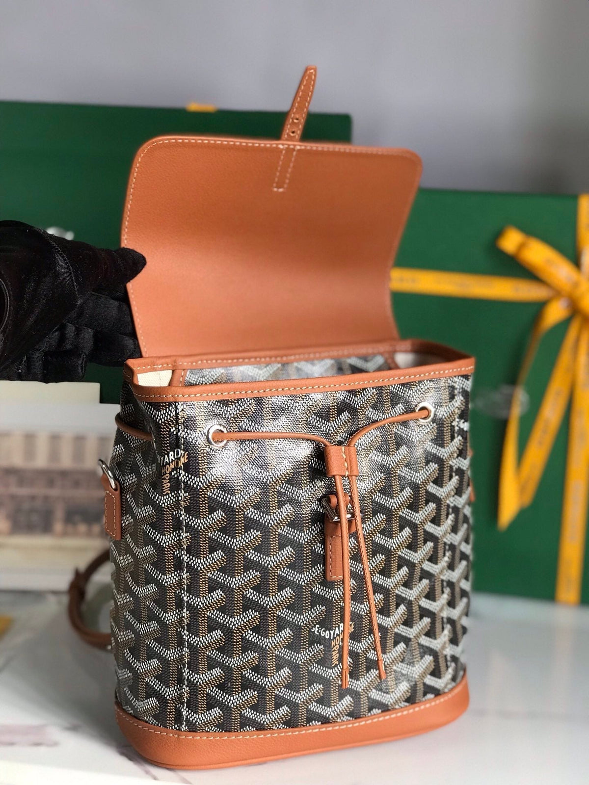 ALPIN MINI BACKPACK 21 IN TAN LAMBSKIN AND BLACK GOYARDINE CANVAS