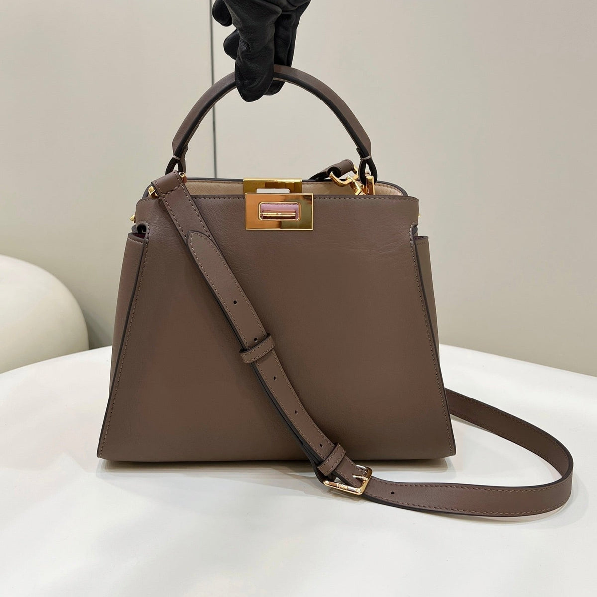 FENDI PEEKABOO 27 IN MOCHA BROWN CALFSKIN WITH GOLD HARDWARE