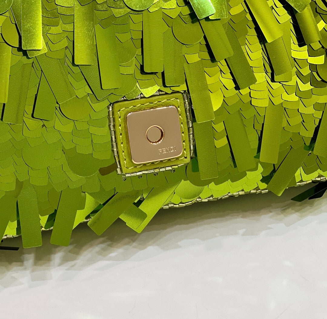 BAGUETTE MINI 19 IN LIMERICK GREEN SEQUINS GOLD HARDWARE