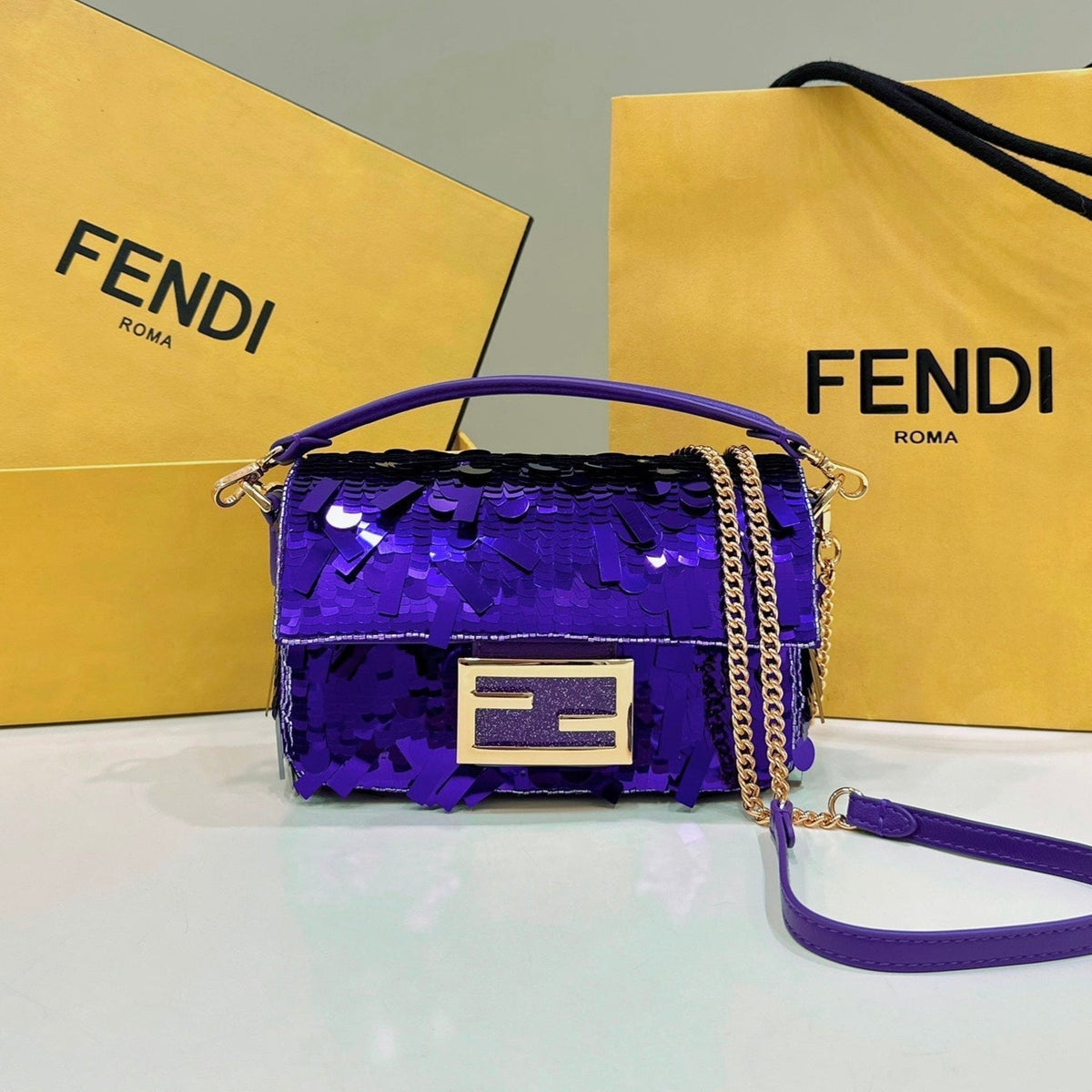 BAGUETTE MINI 19 IN GRAPE JELLY SEQUINS GOLD HARDWARE