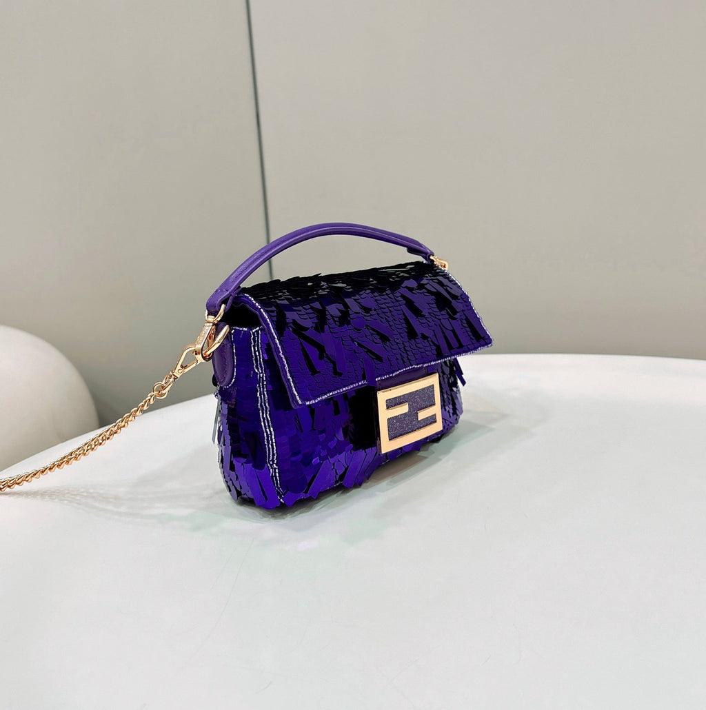 BAGUETTE MINI 19 IN GRAPE JELLY SEQUINS GOLD HARDWARE
