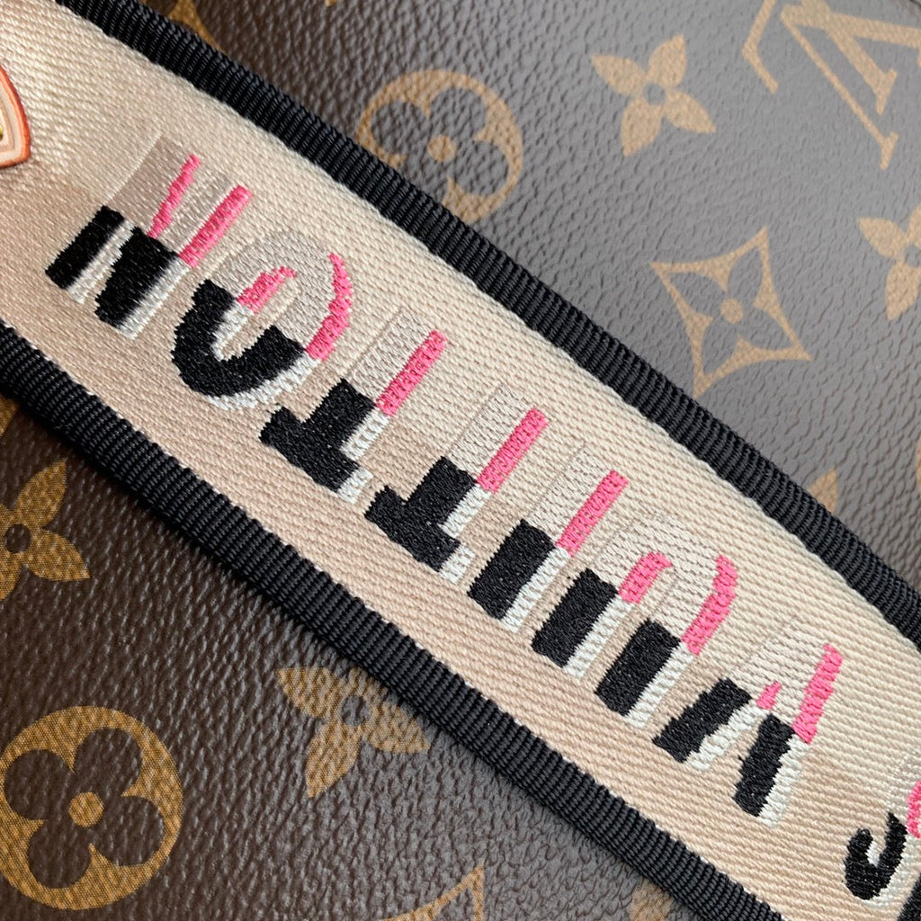CLUNY MM HANDBAG 33 IN BROWN MONOGRAM CALFSKIN BEIGE BLACK EMBROIDERED LOGO CANVAS