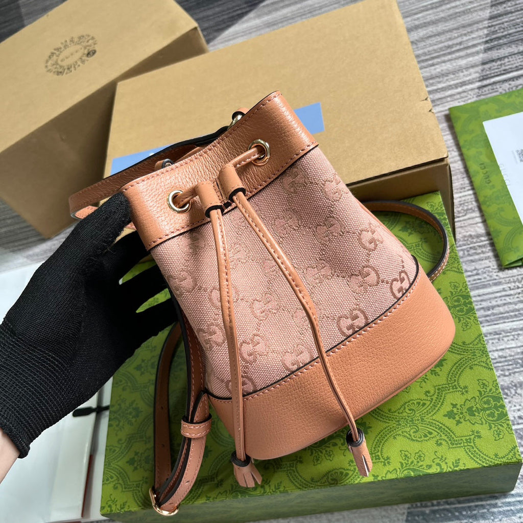GG OPHIDIA MINI 19 BUCKET LIGHT PINK CANVAS AND CALFSKIN