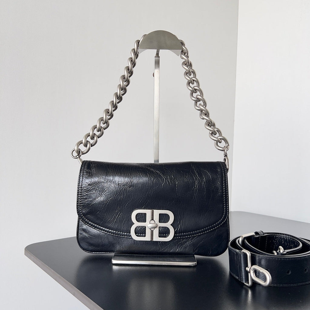 BB SOFT FLAP BAG 25 IN BLACK PEACH CALFSKIN SILVER HARDWARE