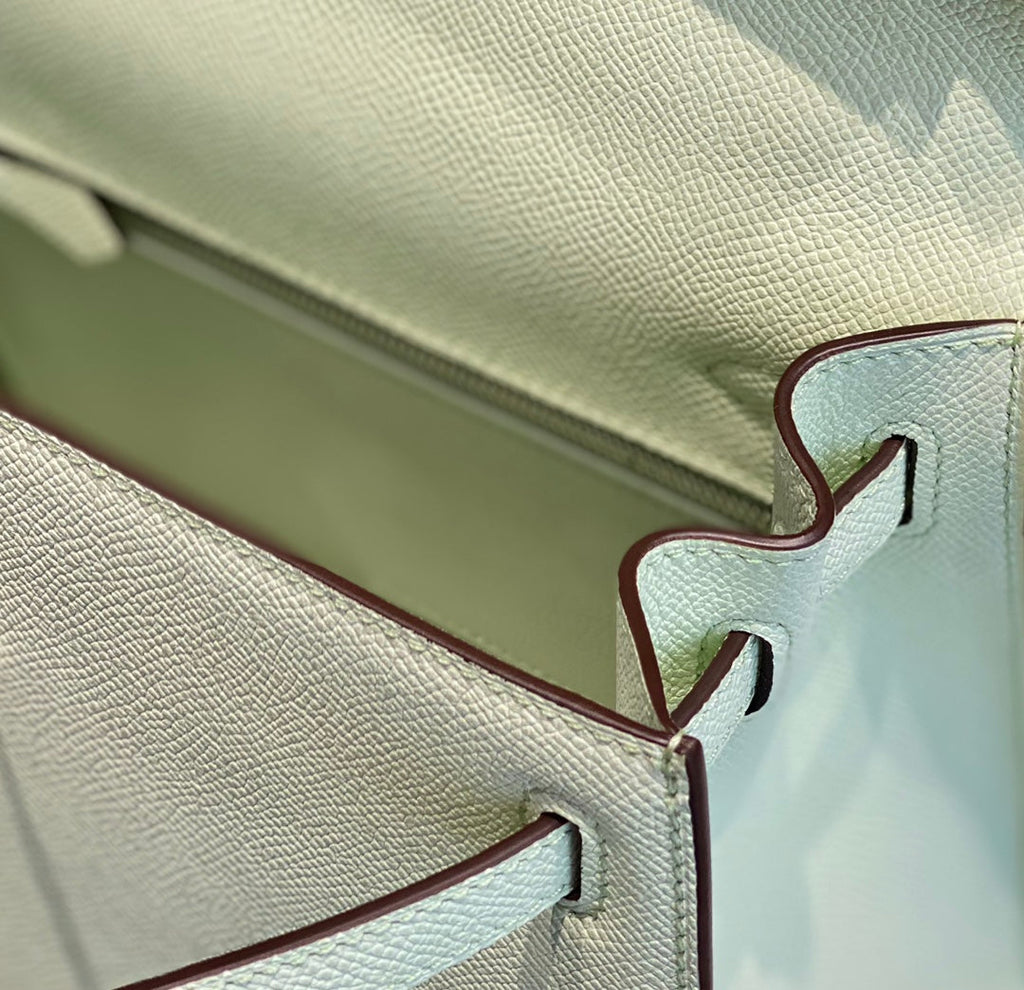 KELLY 25CM IN VERT FIZZ SWIFT CALFSKIN SILVER HARDWARE