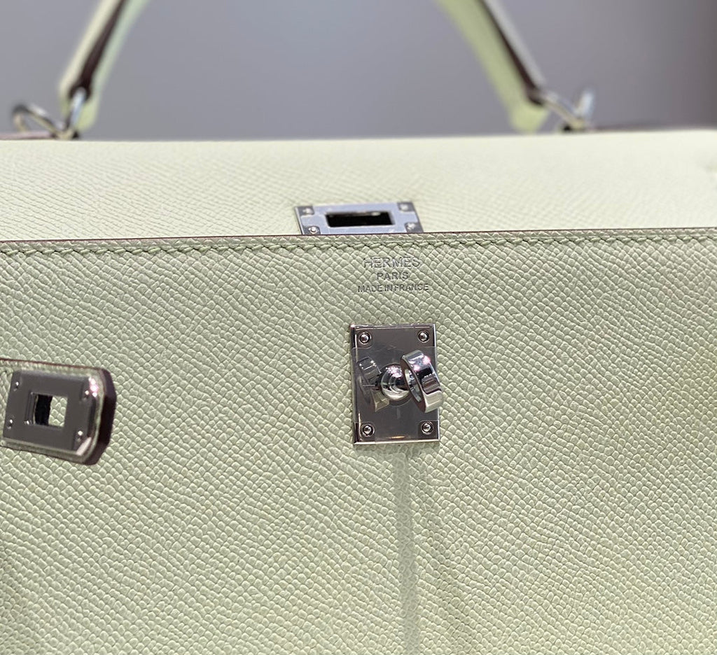 KELLY 25CM IN VERT FIZZ SWIFT CALFSKIN SILVER HARDWARE