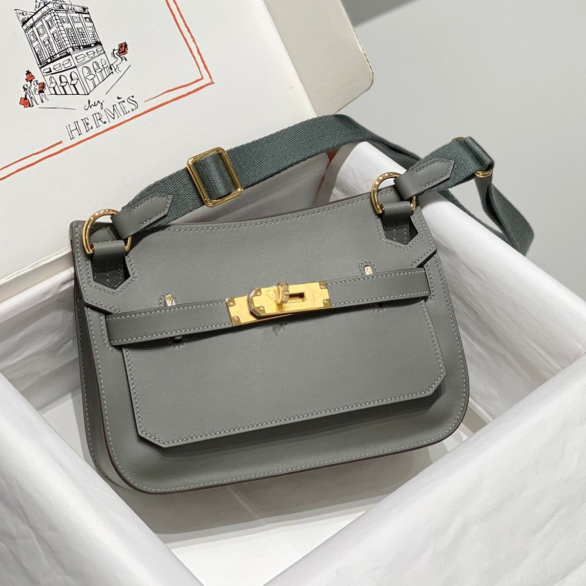 HM JYPSIERE SHOULDER BAG 23 IN GREY CALFSKIN GOLD HARDWARE