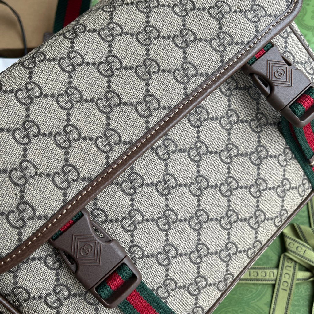 OPHIDIA MEDIUM MESSENGER BAG 27 IN BEIGE AND EBONY GG CALFSKIN GREEN RED WEB STRIPE CANVAS