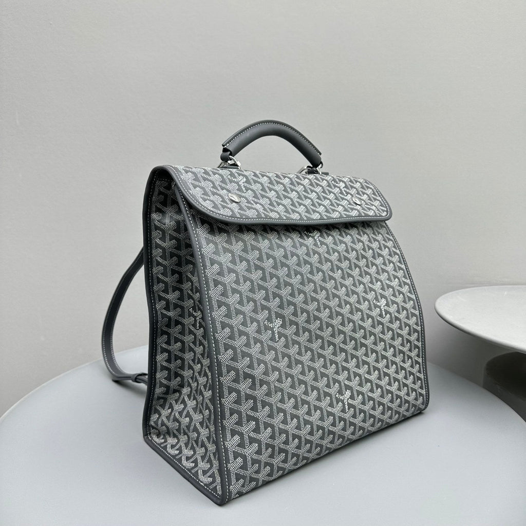 LEGER BACKPACK 37 IN GRAY GOYARDINE CANVAS WITH CALFSKIN TRIM
