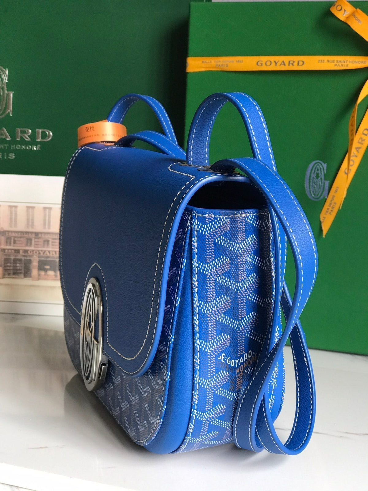 233 BAG 25 IN SAPPHIRE BLUE CALFKIN AND GOYARDINE CANVAS