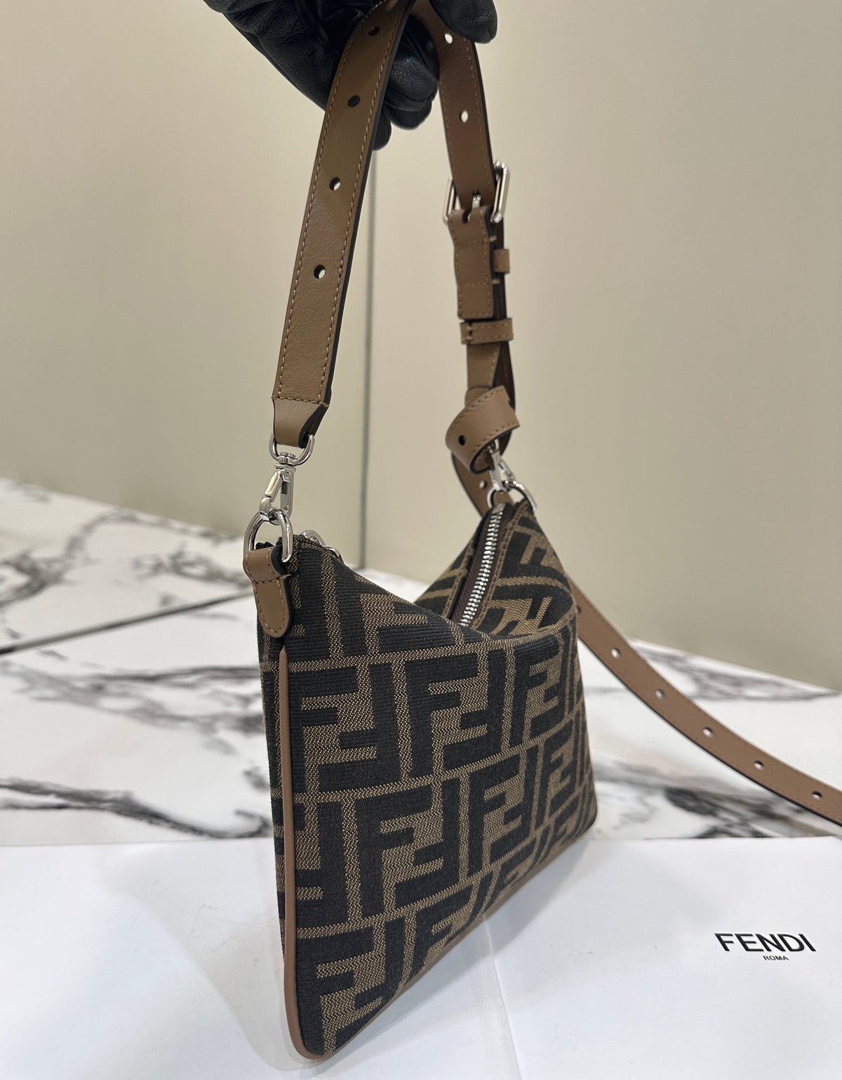 SHOULDER BAG 19 WITH FF MOTIF IN BROWN JACQUARD FABRIC