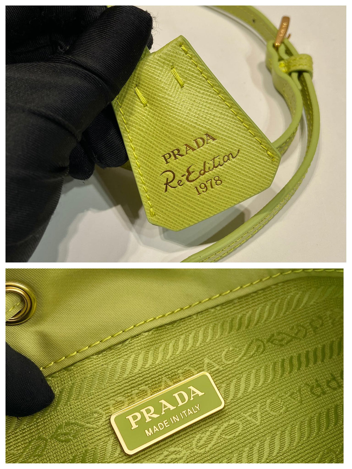 BUCKET BAG 19 IN APPLE GREEN RE-NYLON AND SAFFIANO LEATHER HANDLE