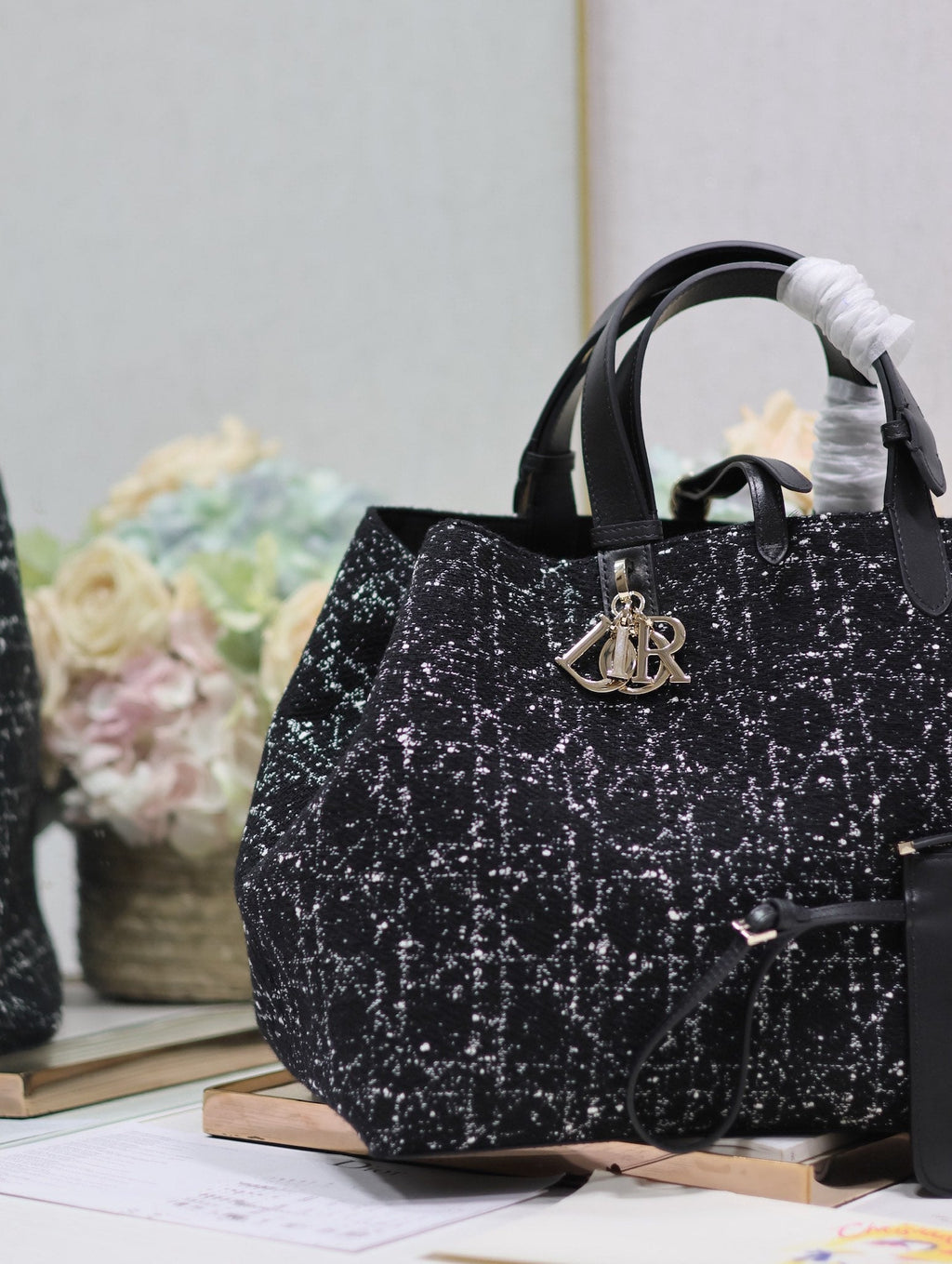 TOUJOURS BAG 37 IN BLACK MIX WHITE CANNAGE TWEED WITH GOLD HARDWARE