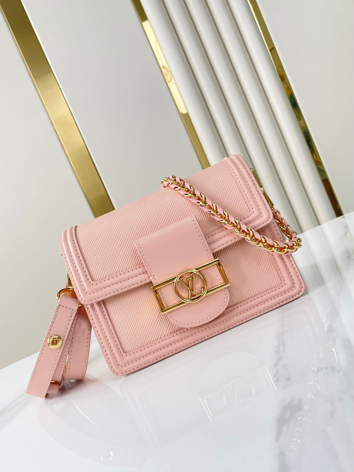 DAUPHINE MINI 20 IN LIGHT PINK EPI GRAINED CALFSKIN GOLD HARDWARE
