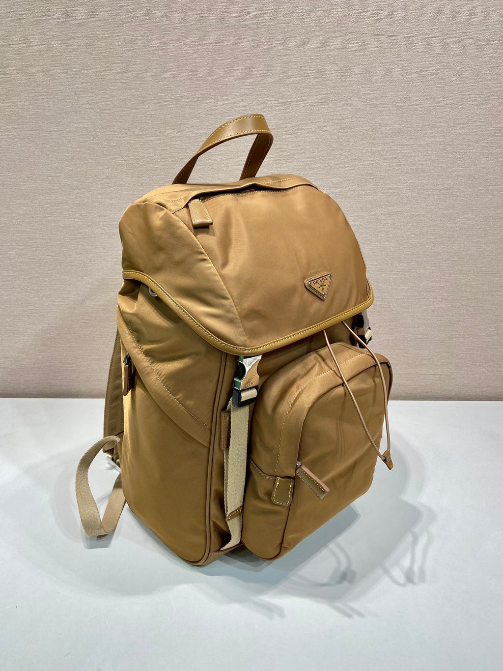 BACKPACK 45 IN CIDER BROWN RE-NYLON AND CALFSKIN TRIM