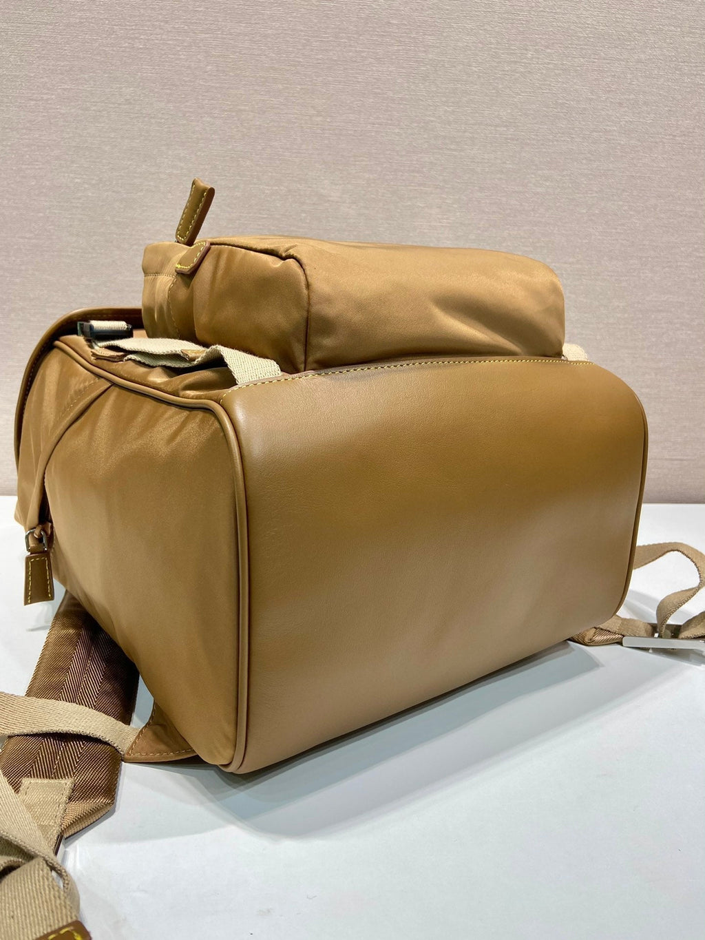BACKPACK 45 IN CIDER BROWN RE-NYLON AND CALFSKIN TRIM