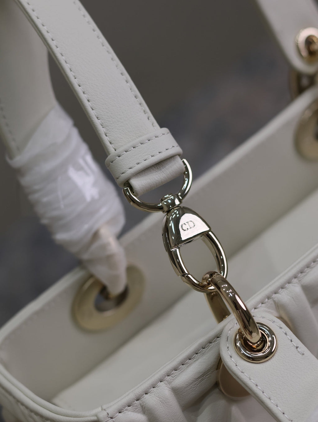 LADY BAG 24 IN WHITE GRAPHIC CANNAGE CALFSKIN PALE GOLD-FINISH METAL CHARMS