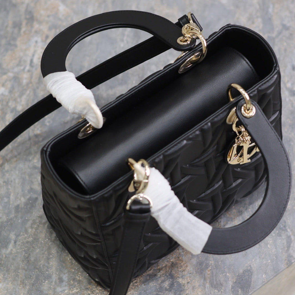 LADY BAG 24 IN BLACK GRAPHIC CANNAGE CALFSKIN PALE GOLD-FINISH METAL CHARMS