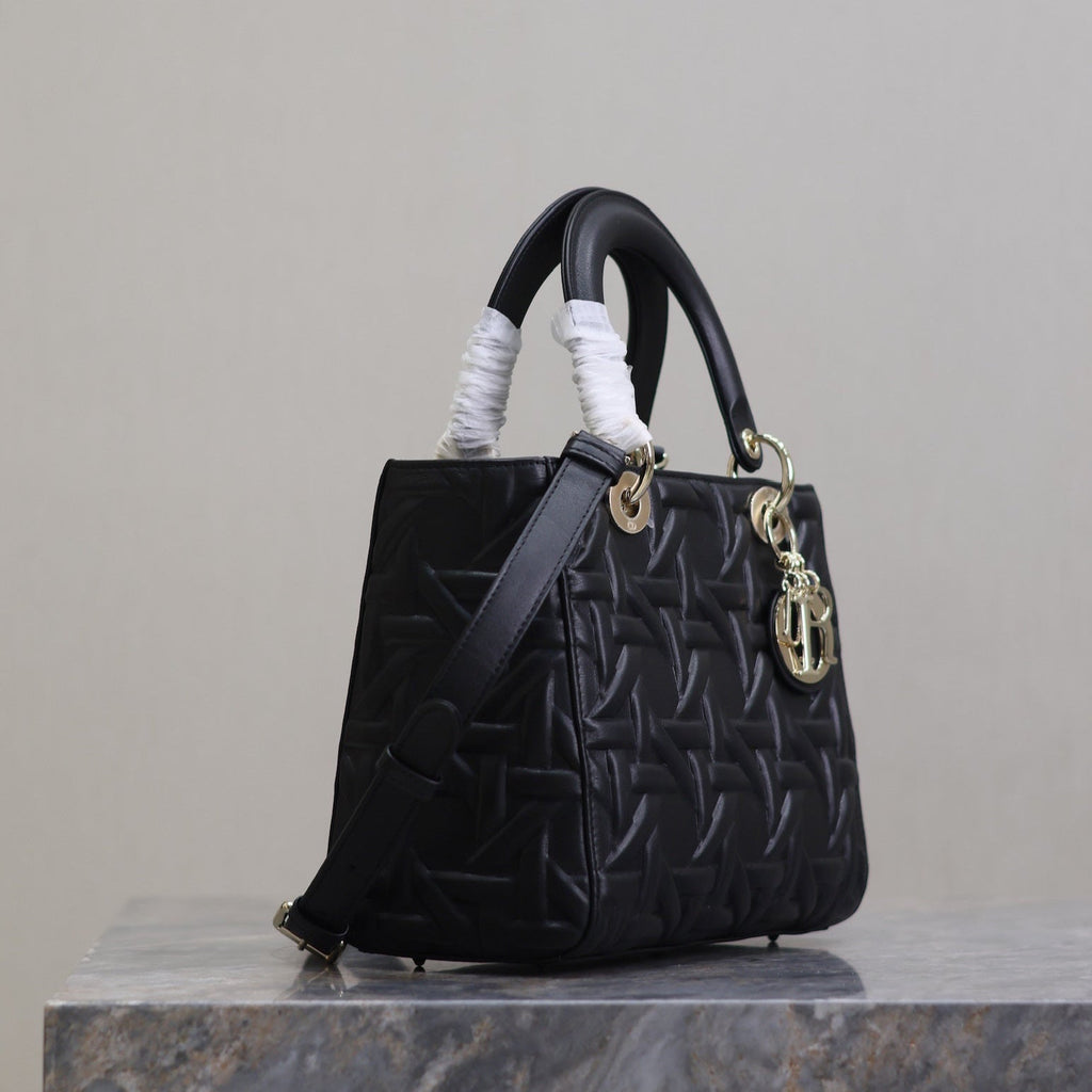 LADY BAG 24 IN BLACK GRAPHIC CANNAGE CALFSKIN PALE GOLD-FINISH METAL CHARMS