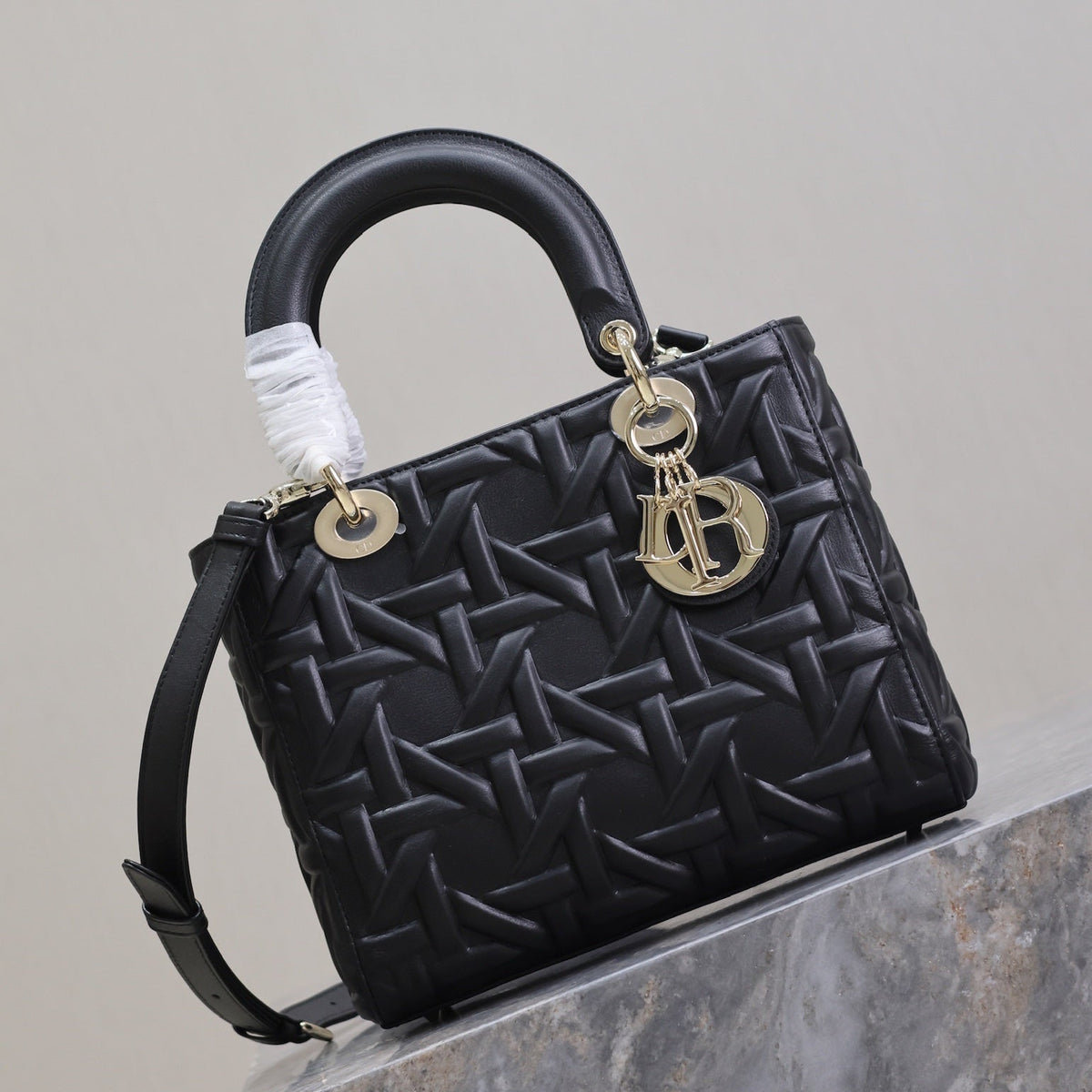 LADY BAG 24 IN BLACK GRAPHIC CANNAGE CALFSKIN PALE GOLD-FINISH METAL CHARMS
