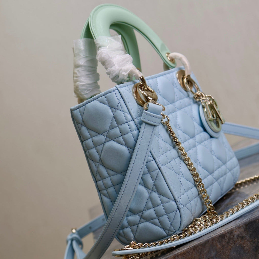 MINI LADY BAG 17 IN BABY BLUE QUILTED MACROCANNAGE CALFSKIN GREEN STRAP