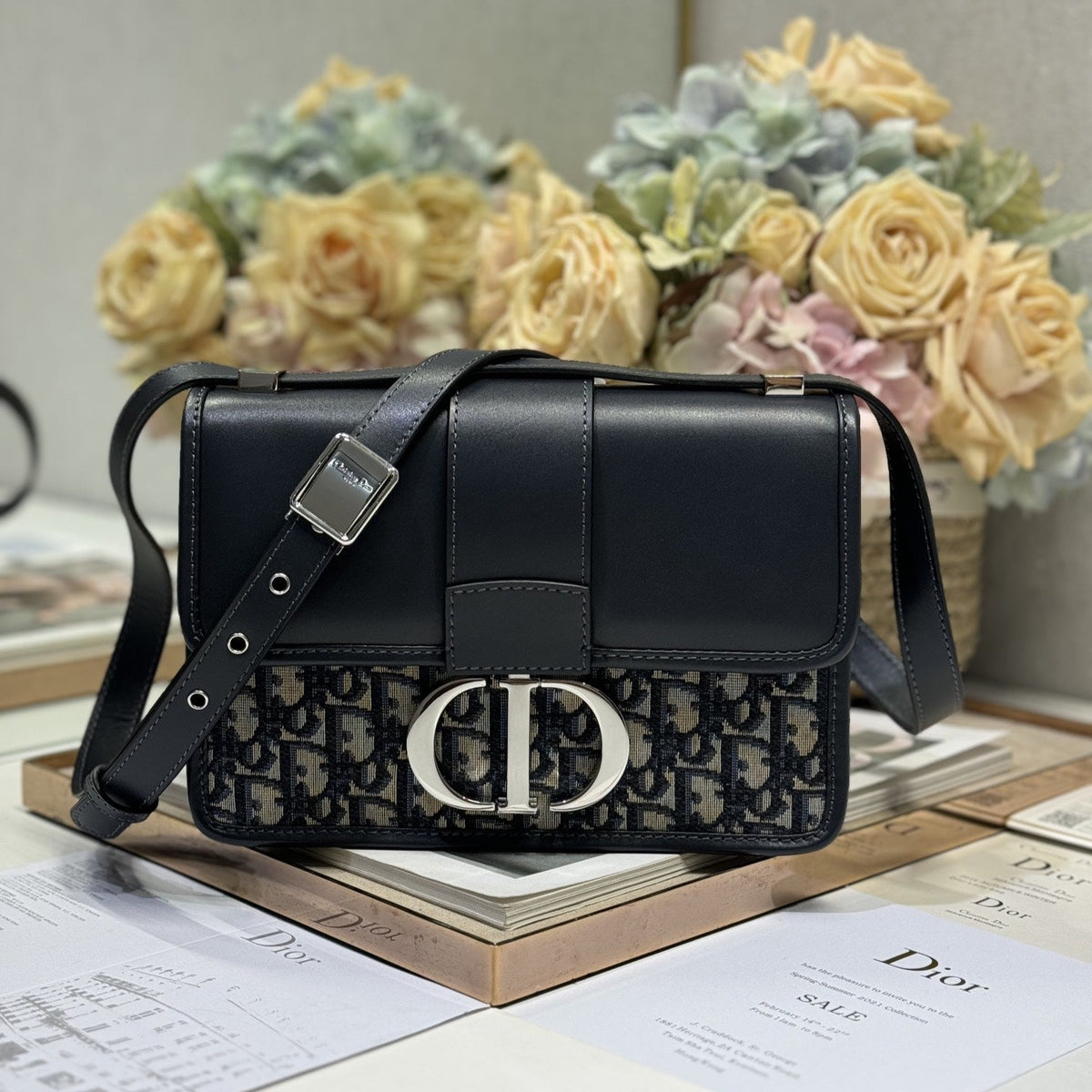 MONTAIGNE EAST-WEST BAG 24 IN BLACK LAMBSKIN AND MONOGRAM OBLIQUE JACQUARD