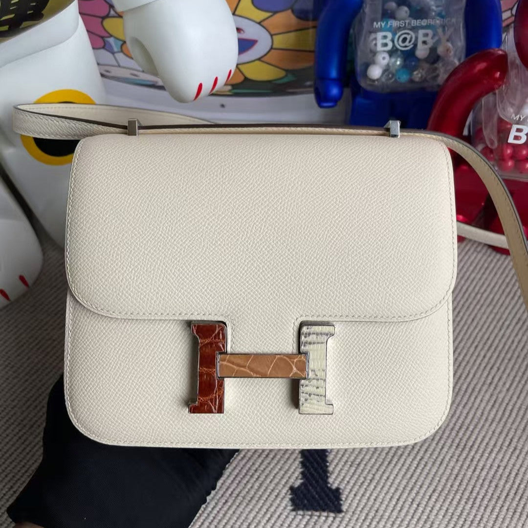 HM CONSTANCE BAGS 19 WHITE LAMBSKIN SILVER H BUCKLE MIX