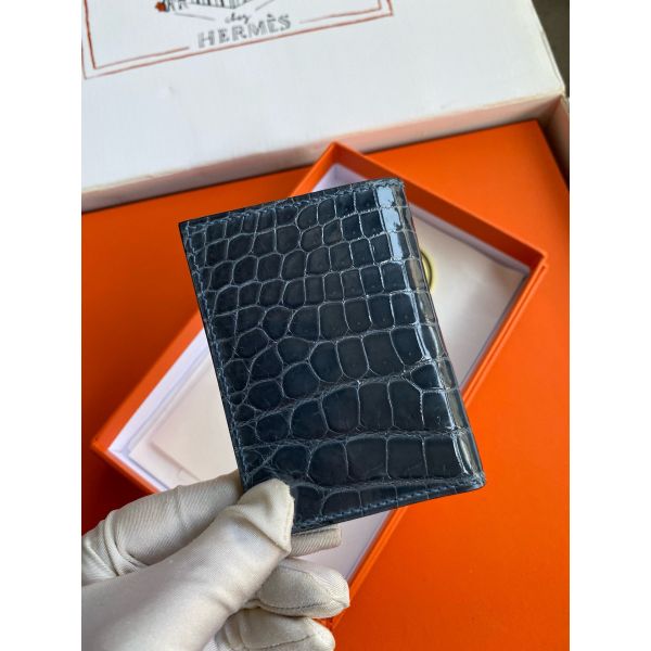 HERM MC¬≤ Euclide Card Holder in Blue Colvert Shiny Alligator Leather