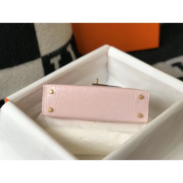 HERM Kelly Mini II Bag In Rose Dragee Embossed Crocodile Leather