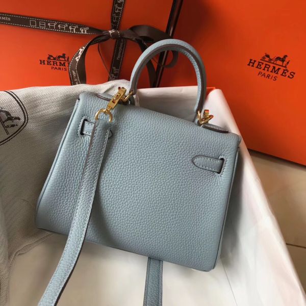 HERM Kelly 20cm Bag In Blue Lin Clemence Leather GHW