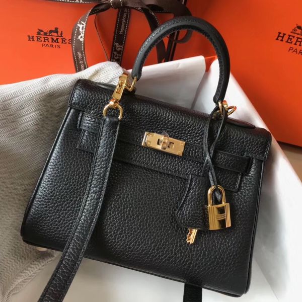 HERM Kelly 20cm Bag In Black Clemence Leather GHW