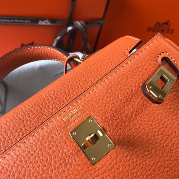 HERM Kelly 20cm Bag In Orange Clemence Leather GHW