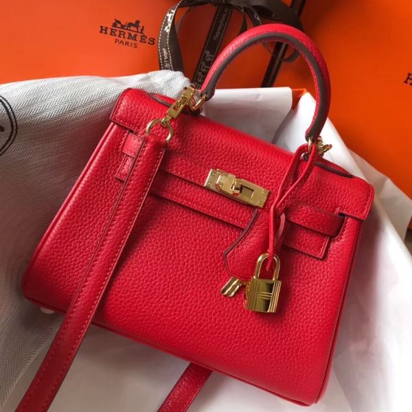 HERM Kelly 20cm Bag In Red Clemence Leather GHW