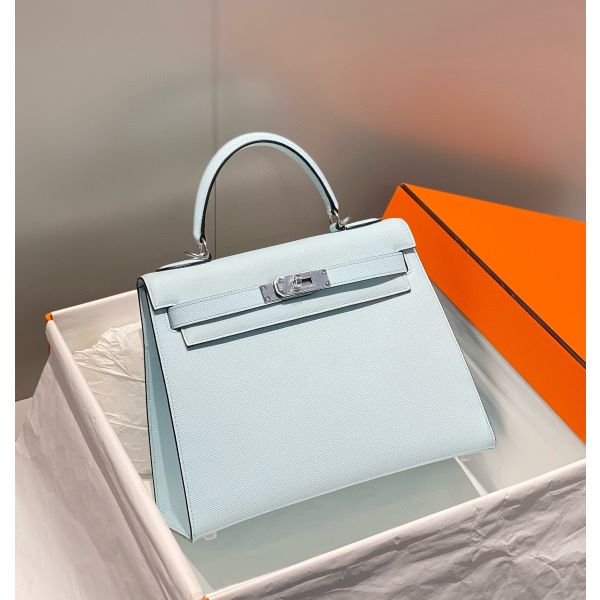 HERM Kelly 25cm Sellier Bag In Blue Brume Epsom Leather